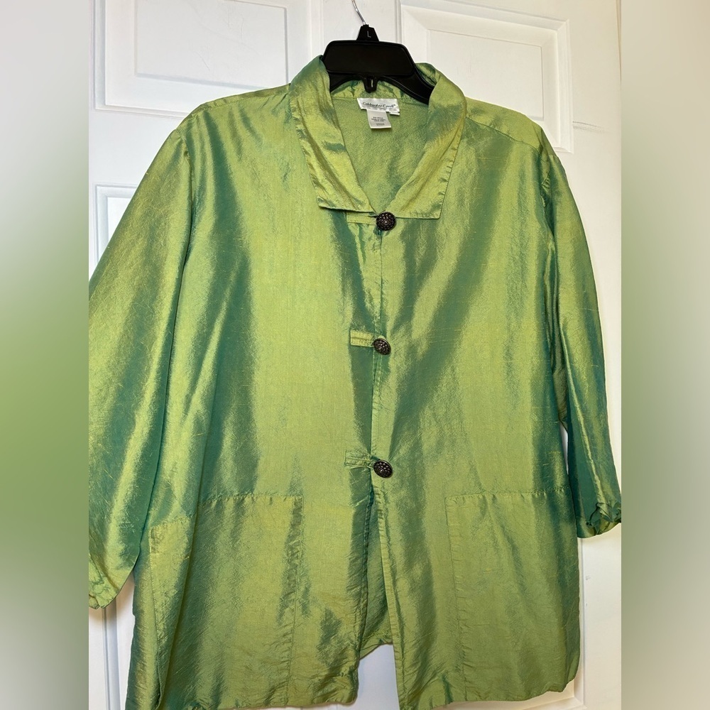 Coldwater Creek Woman’s Mandarin Style Silk Blouse 2 Tone Green/Blue Size Large